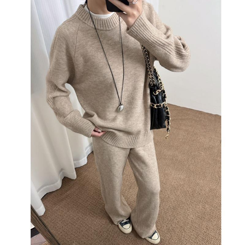 Crew Neck Fashion Suit Autumn and Winter New Lazy Style Casual Wide-leg Trousers Top Knitted Sweater Two-piece Set