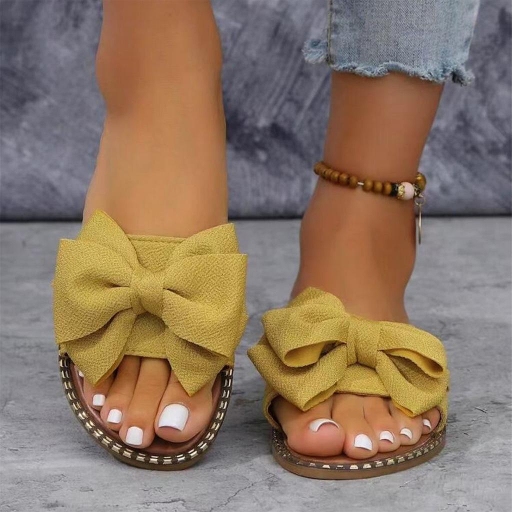 Ladies' casual and fashionable flat bottomed rhinestone bow one line slippers, lightweight cloth surface slippers for wearing outside
