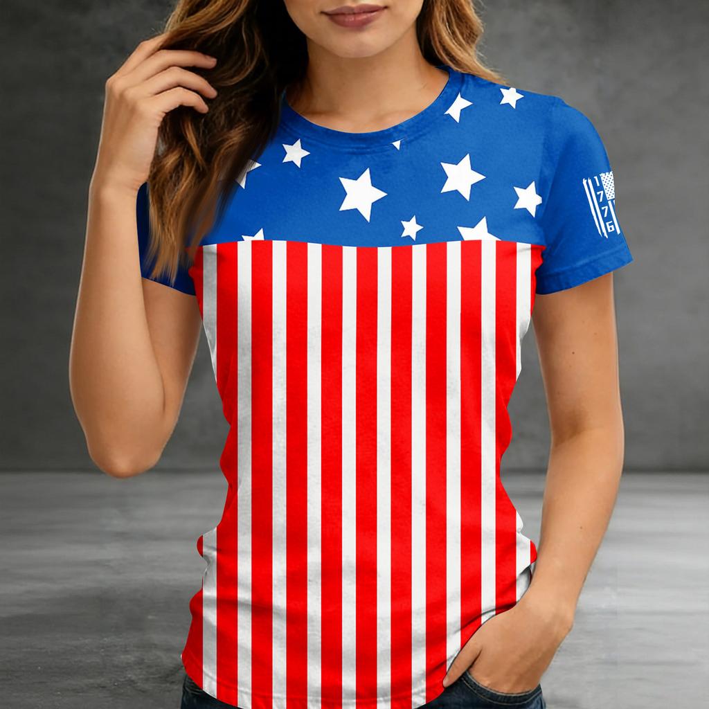 Women's Short-sleeved Top, Casual Slim Fit Women's Round Neck Short-sleeved Printed Shirt