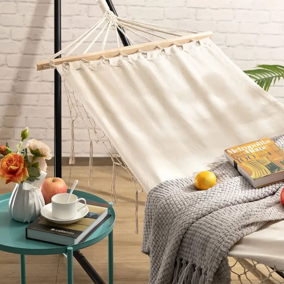 Boho macrame garden hammock with spreader bar and headband for one person, beige cover