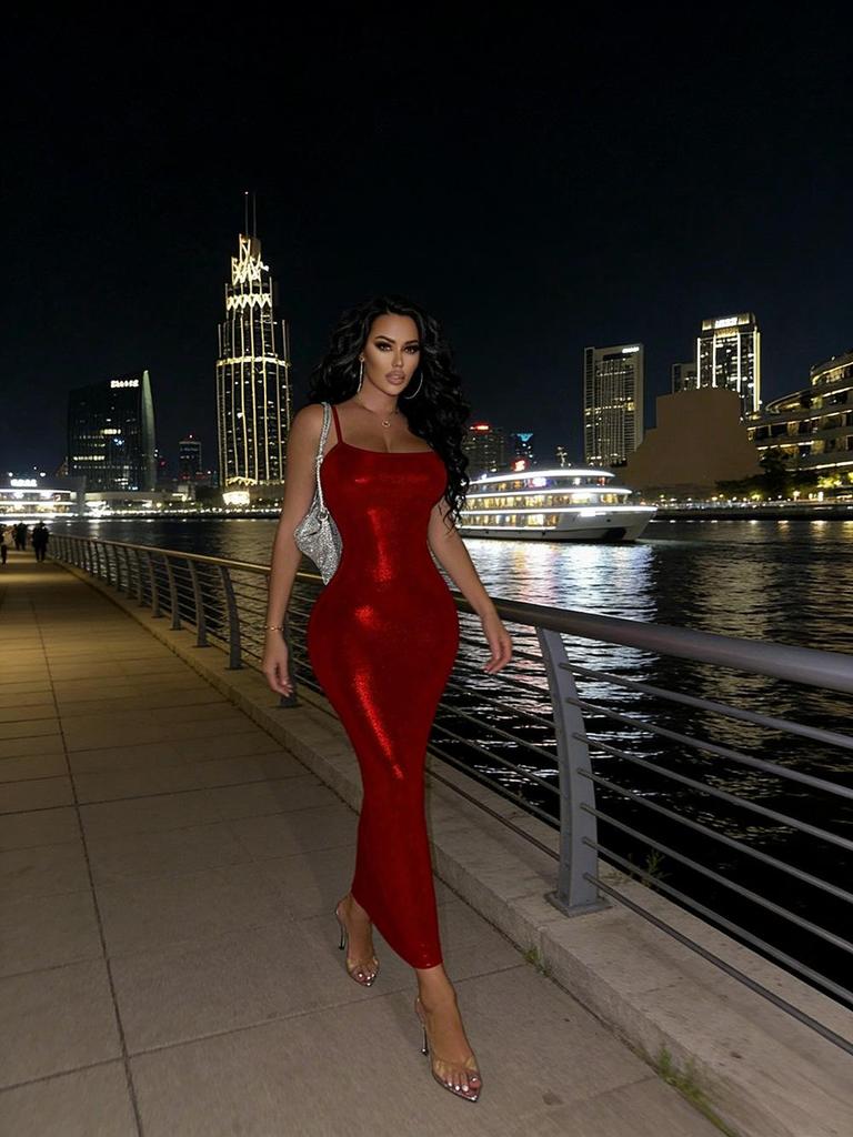 2025 New Year's Red Shiny Bodycon Slip Dress - Elegant Formal Gown for Valentine's Date