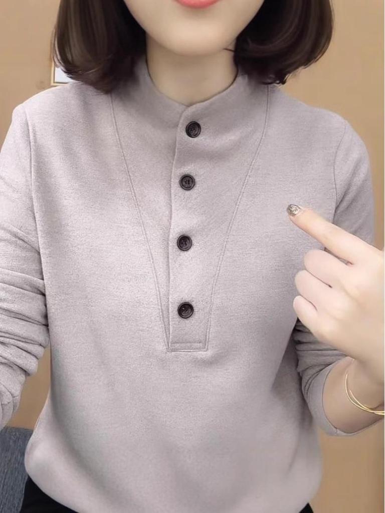 Women's Advanced Grey Slimming Long Sleeve Top - Belly Covering, Warm, Age-Reducing, Trendy Autumn/Winter Fashion.