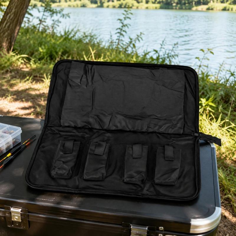 Oxford Cloth Fishing Bites Alarm Carrying Case, Foldable Bankstick Organizers with Four Internal Sleeves and Strap for Separated Tackle Storage