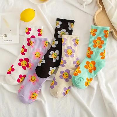 Women's Cute Crew Socks Set, Plus Size Floral Pattern Ribbed Knit Breathable Mid-calf Socks