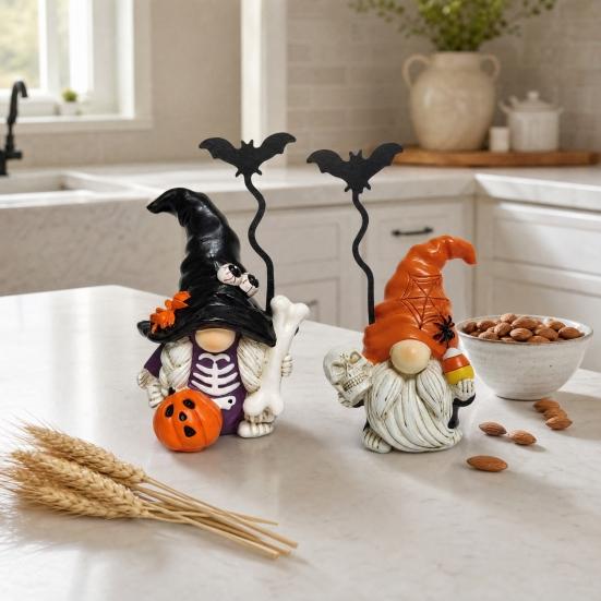 Halloween Gnome Figurine, Small Resin Dwarf Table Decoration, Spooky Pumpkin Bat Skull Gnome Statue for Tiered Tray, Tabletop, Home Decor