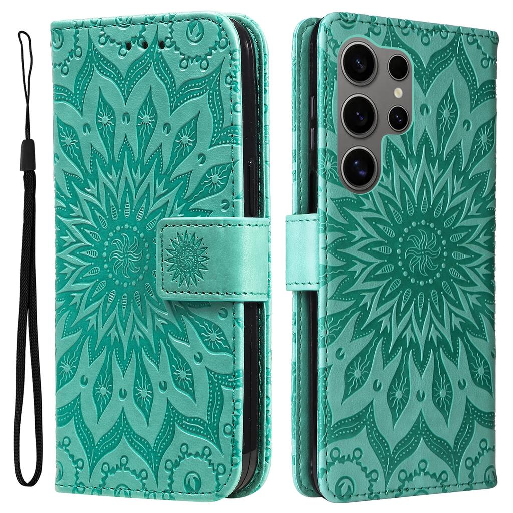 For Samsung Galaxy S25 Ultra Phone Case Sunflower Imprinted Leather Wallet Stand Cover with Strap