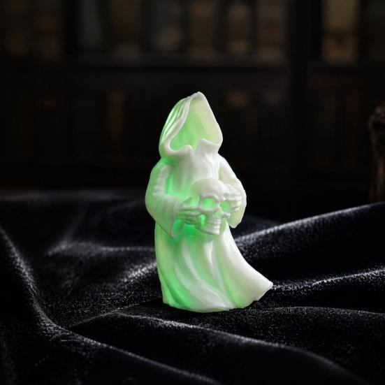 Luminous Spooky Figurine 3D Printed Glow In The Dark Skull Ornament, Gothic Hooded Ghost Statue for Halloween Desktop Decoration, Resin Party