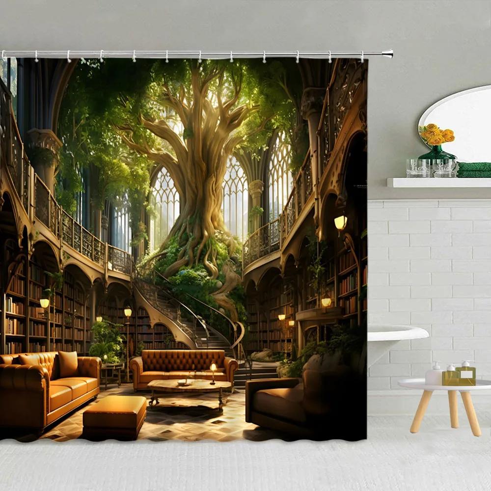 3D Library Shower Curtain, Vintage Bookshelf Books Gothic Magic Polyester Printed Fabric Bathroom Decorative Bathtub Accessories