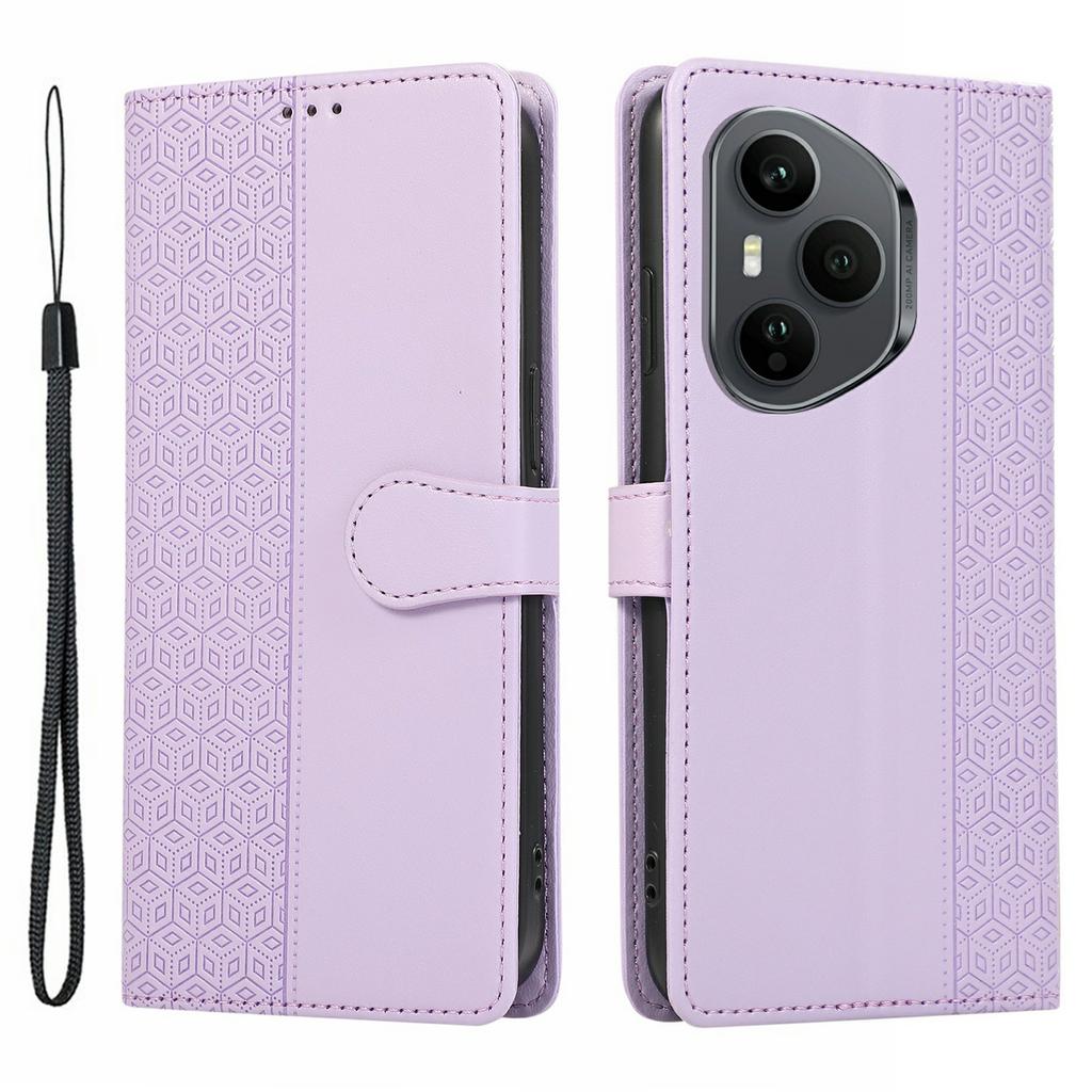 For Honor 400 Pro 5G (Global) Case Splicing Imprinted Rhombus Leather Phone Cover with Wrist Strap