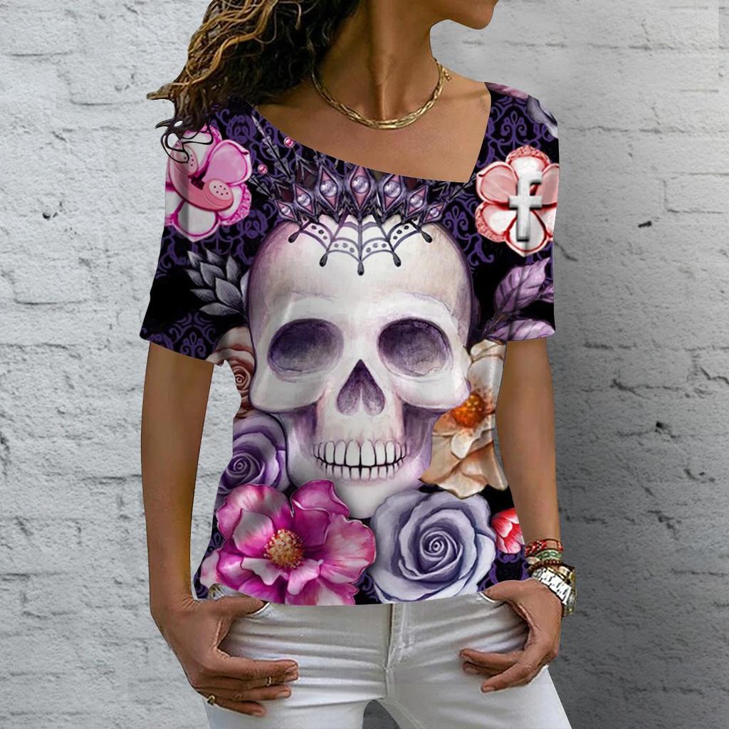 Vintage Skull Women's T Shirt 3D Printed Skew Collar Blouses Casual Short Sleeve Pullover Tops Summer Oversized Clothes Tees