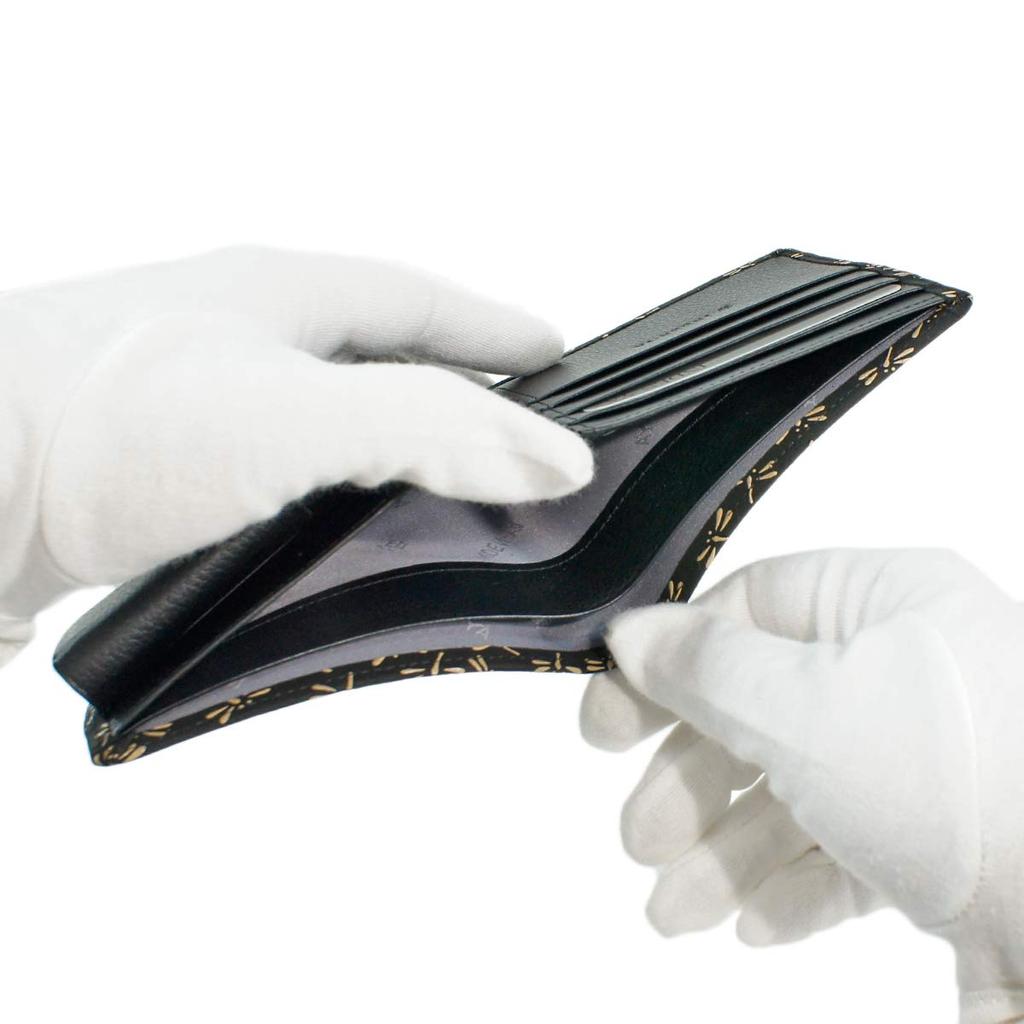 [Inden-ya] Inden Bifold Wallet with Bill Compartment and Coin Purse, Deerskin Leather, Black with White Lacquer, Dragonfly Pattern, 2006-11-008