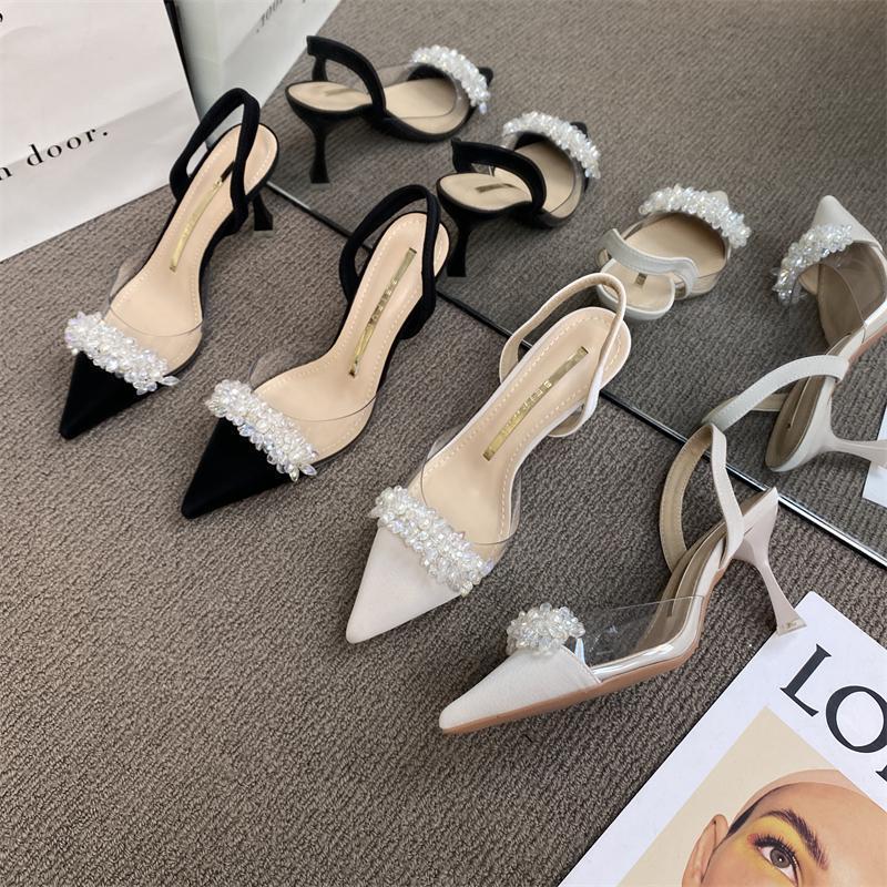 pointed black foreign style rhinestone high heels women's thin heels imperial sister single shoes bag head empty sandals 2025 spring and autumn new
