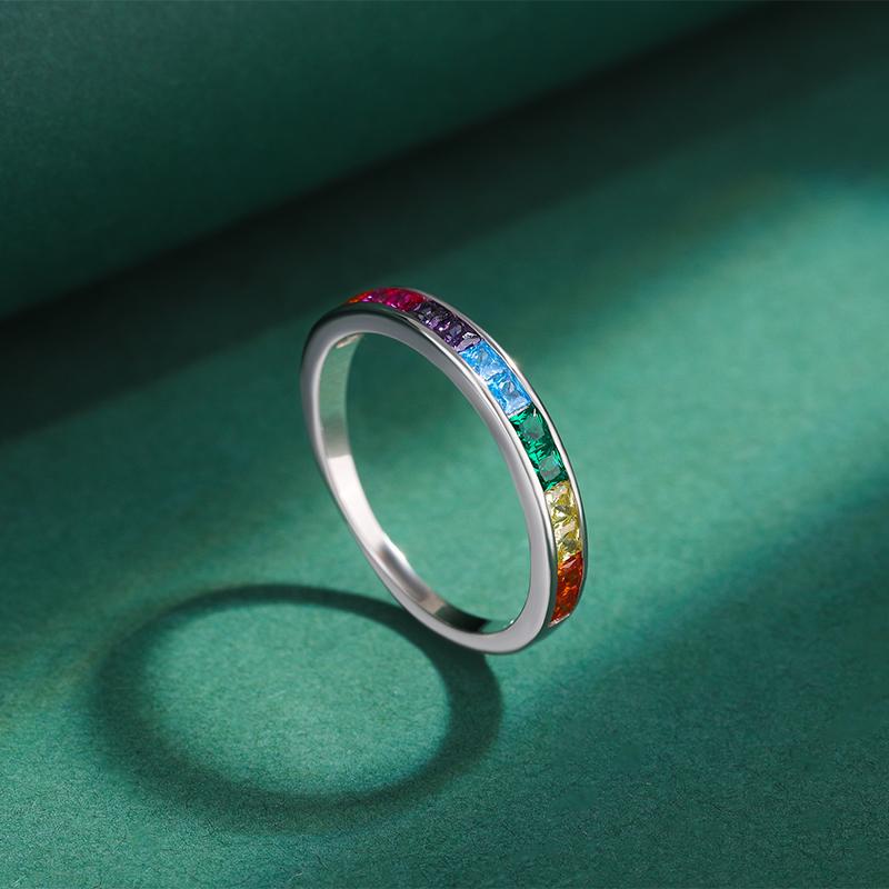 Stylová kolekce Rainbow Square plná zirkonových párových prstenů pro ženy Originální originální šperky Sterling S925 Silver Valentine
