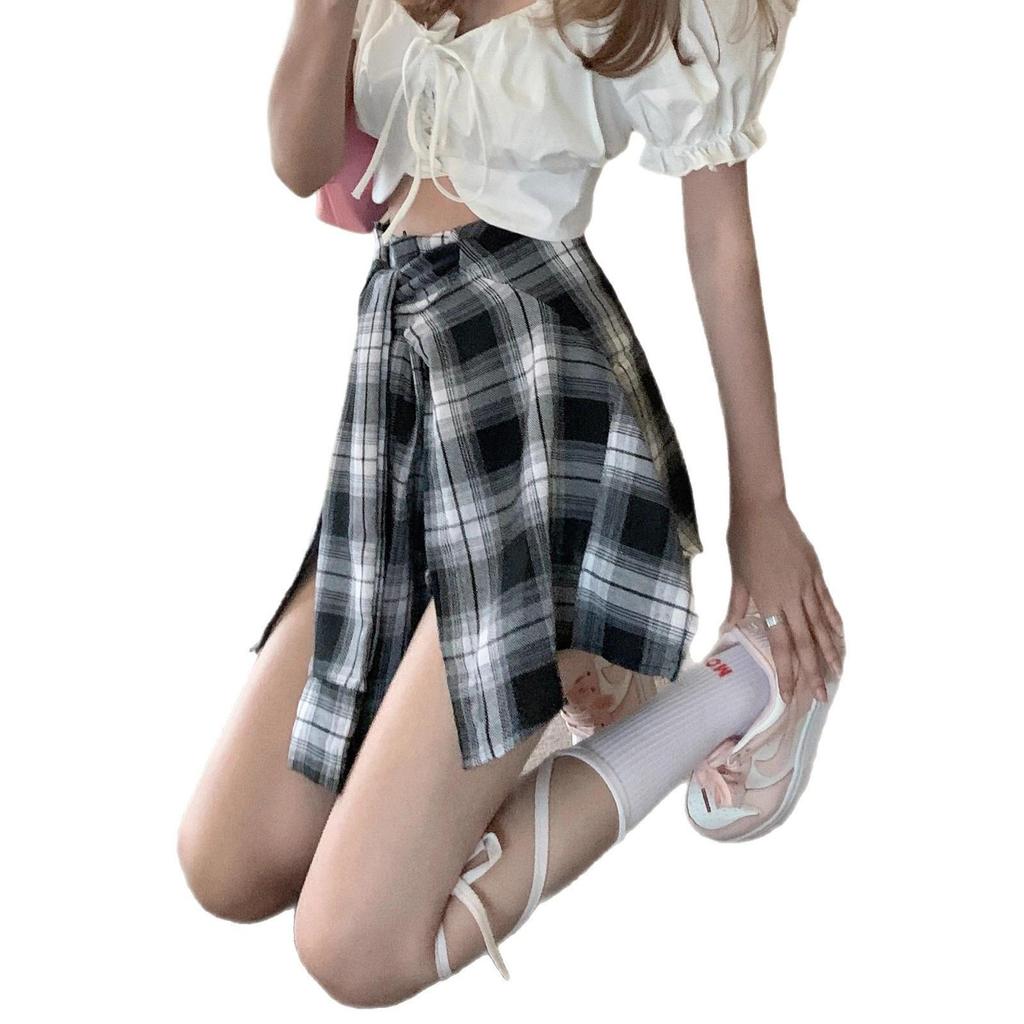 Women's 2025 Black Plaid A-Line Skort with Irregular Two-Piece Design