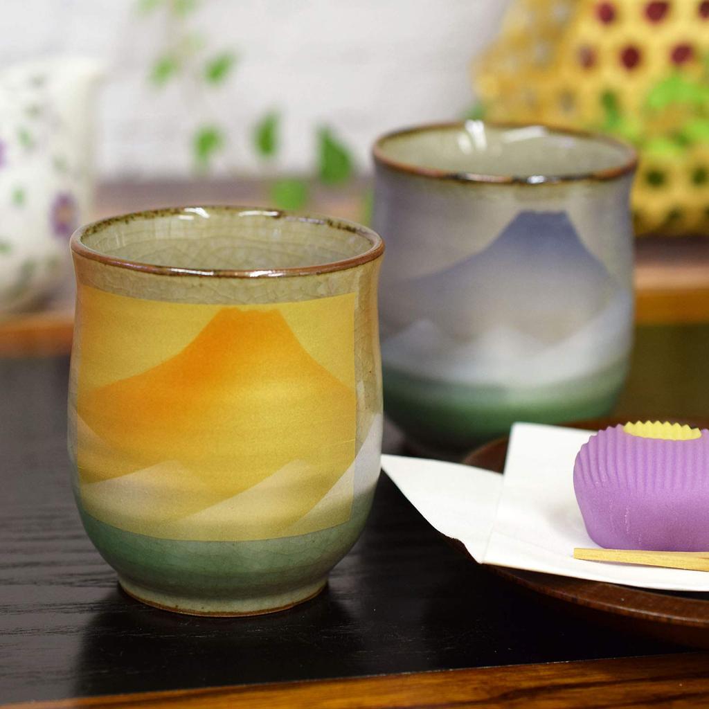 Waza No Kura Stylish Pair of Kutani Ware Teacups with Mount Fuji Ceramic Japanese Made In Perfect Gift for Wedding 60th 70th 77th 80th and 88th
