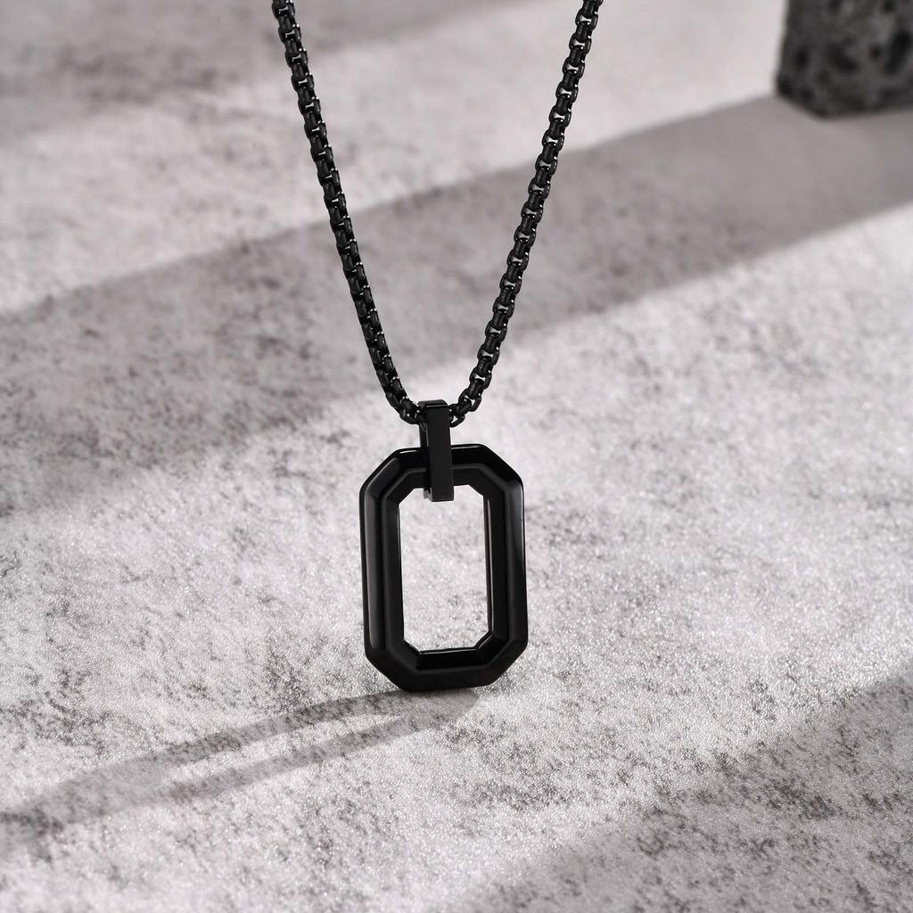 Cool Geometric Pendant Necklaces for Men Boys, Waterproof Stainless Steel Square Pendant with Box Chain, Minimalist Collar Gift