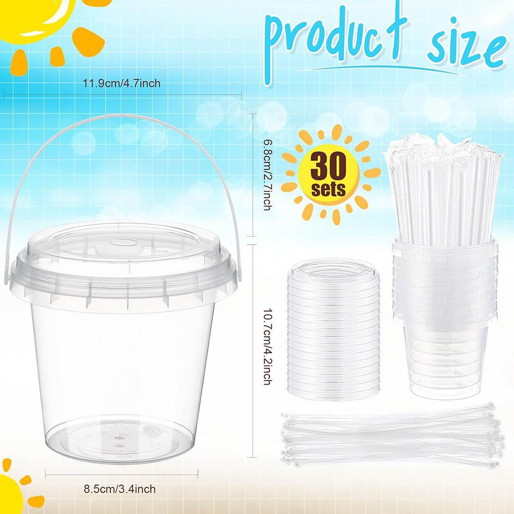 Clear Plastic Cups Ice Cream Buckets with Lids and Straws Disposable Drink Cups Cocktail Pails for Outdoor Pool Party Supplies