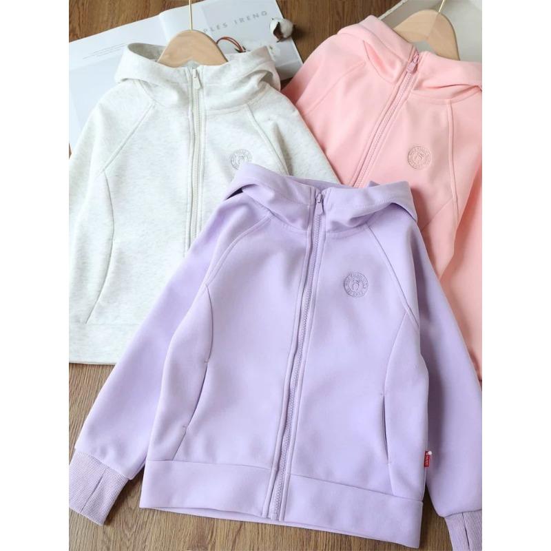 Girls' Simple Hooded Jacket: Solid-Color Spring/Fall Children's Cardigan Sweatshirt