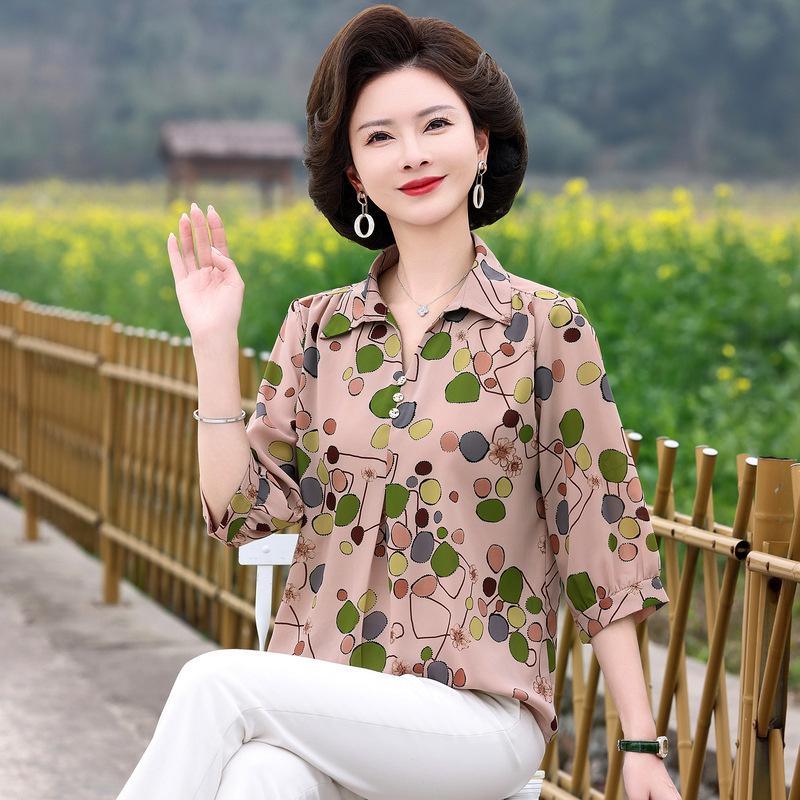 

New Summer Chinese-Style Blouse: Elegant, Age-Defying Top for Middle-Aged Women 4XL (135-145 jin) зелений