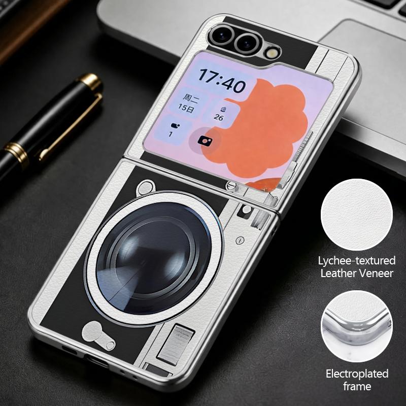 Vintage Camera Pattern Case For Samsung Z Flip 8 7 6 5 Hybrid 3in1 Leather Skin Plating Frame Hard Folding Phone Cover For Galaxy Z Flip8 Flip7 Flip6