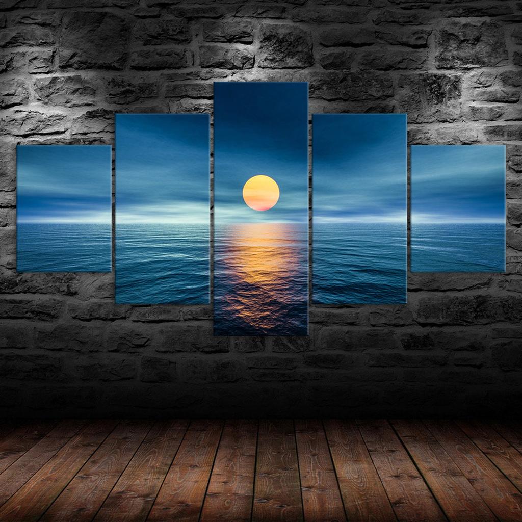 Full Moon Over The Ocean Scene 5 Piece Five Panel Canvas Print Modern Wall Art Poster Home Decor Gift For Him For Her