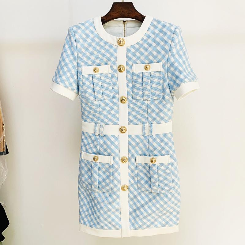 High Street Fashion 2026 Early Spring Lion Button Short Sleeve Tweed Plaid Dress Extra Large светло-синий