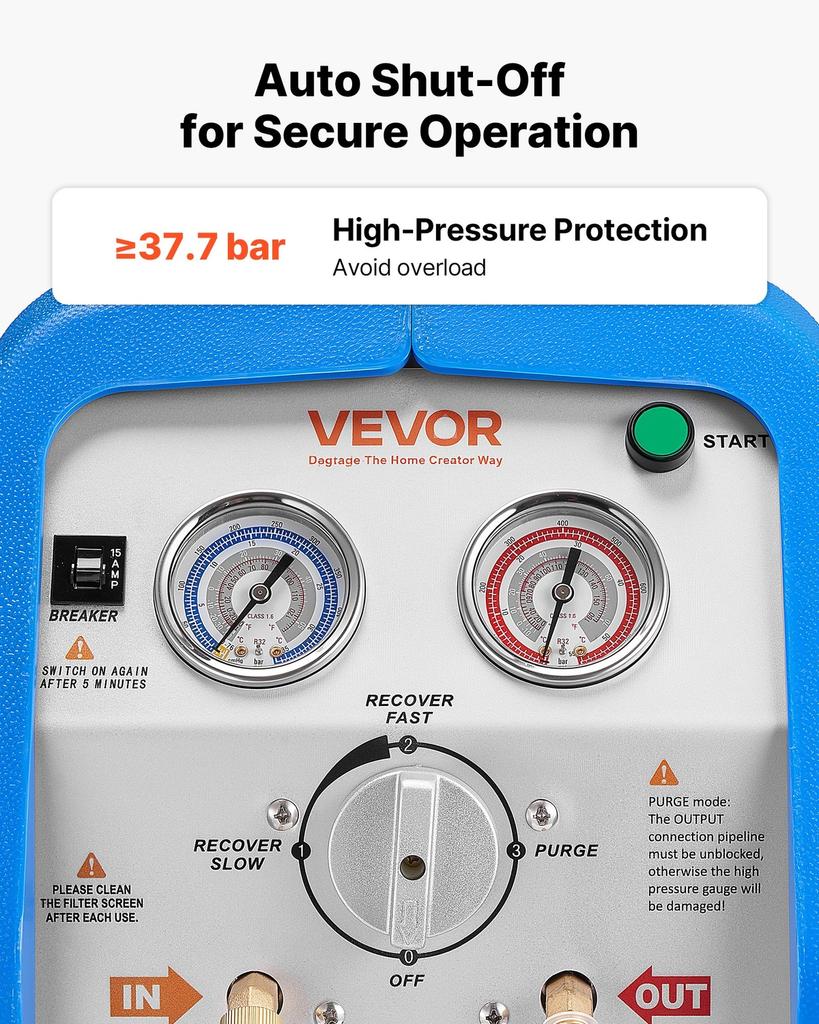 Portable Refrigerant Recovery Machine, 1 HP 220-240V 50Hz Dual Cylinder AC Recovery Machine for Liquid Vapor Refrigerant, 1450 RPM Recycling Unit HVAC