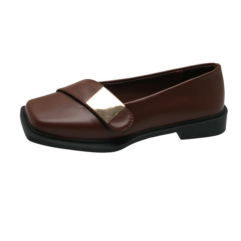 Spring and Autumn New Metal Buckle Square Head Flat Sole Single Shoes Fashion Flat Heel Soft Sole Shallow Mouth Small Leather Shoes Women's Shoes