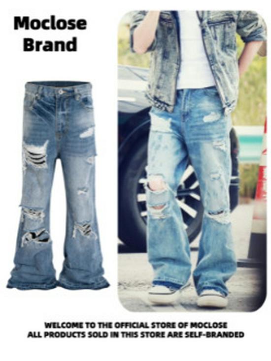 Moclose Retro Washed Cat Whisker Ripped Micro Flare Wide-Leg Jeans Unisex