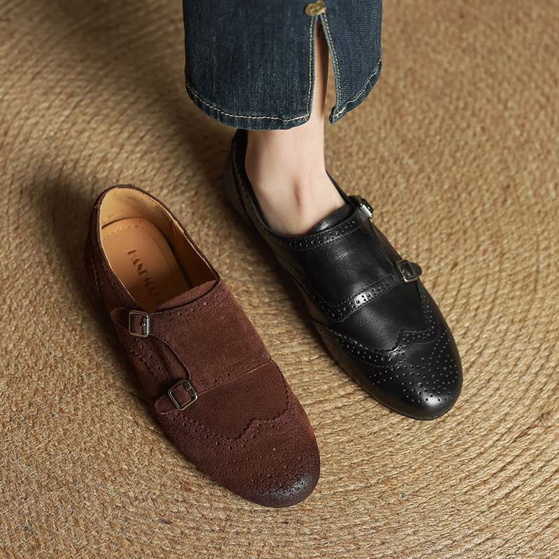 Krazing Pot Cow Skin Fashion Spring Autumn Low Heels metal buckle Oxford Shoes Women Round Toe Leisure Brogues flats