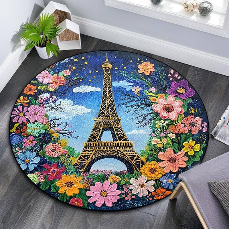 Eiffel Tower Paris Round Area Rug,Carpet Rug for Living Room Bedroom Sofa Playroom Decor,Non-slip Floor Mat