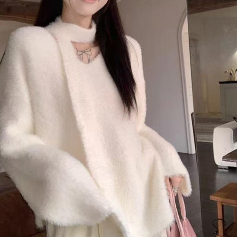 

Loose and lazy style soft waxy imitation mink with scarf pullover primer sweater women s fashion collar with knitted sweater inside One Size білий