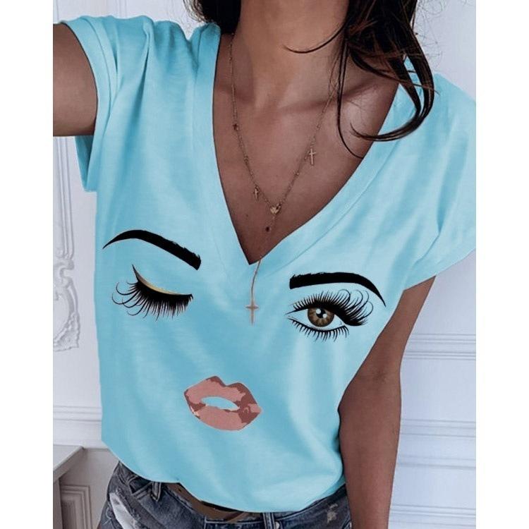 Women Causal Short Sleeve Eye Lip Print Graphic Tee Shirts Plus Size V Neck Plus Size Tshirts Tops Fashion Cute Funny Blouse Shirts