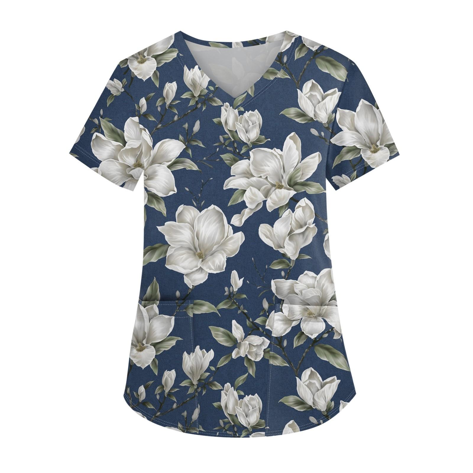 

Жіночий модний робочий одяг з V-подібним вирізом і короткими рукавами з принтованими кишенями XL білий