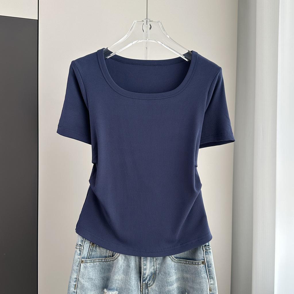 Plus Size Square Neck Standard Sleeve T-Shirt Loose Slimming Ribbed Base Top Versatile Breathable Soft Material Flattering Slim Women Top