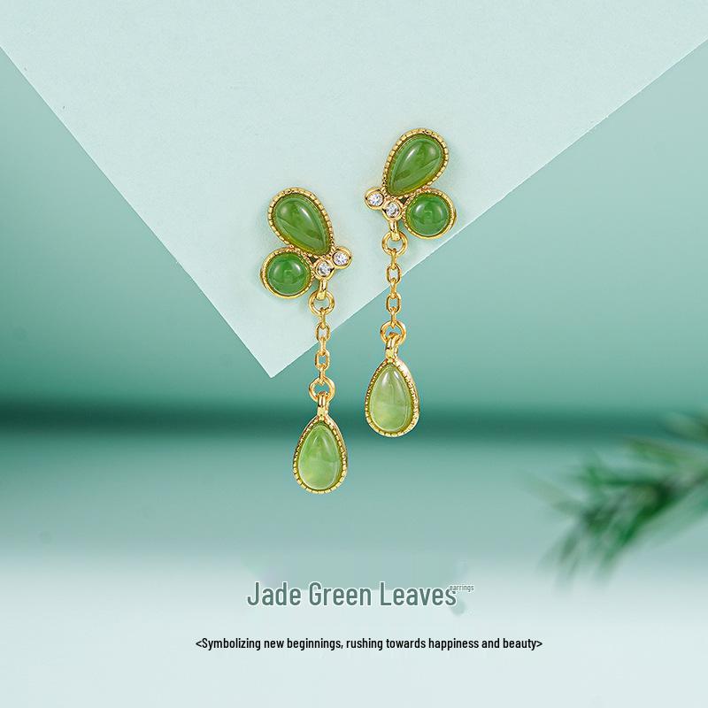 Tichiya S925 Silver Jade Tassel Necklace - Golden Branch & Leaf Design 925 Sterling Silver