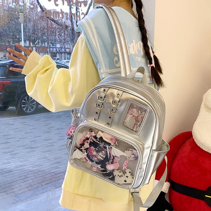 Blocked Simple Color Student Backpack With Transparent Compartment Badge Display