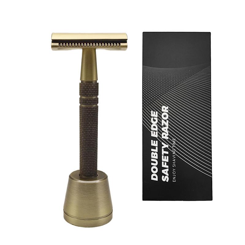 Odkręć podstawę golarki manualnej, ramę wsporczą golarki i mosiężny, antykorozyjny, staromodny pojemnik do przechowywania.