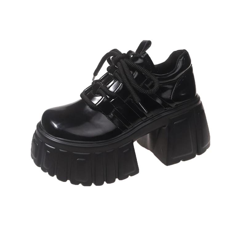 Fashion 8CM Women Mary Jane New Lace Up Loafers Platform Wedge Sneakers Chunky Shoes Women Black Shoes Spring Autumn Walking Sneakers