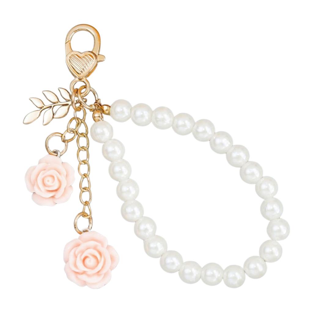 Stylish Faux Pearls and Rose Key Holder Beaded Key Chain Bag Charm Lightweight Keychain Ornament for Women Girls