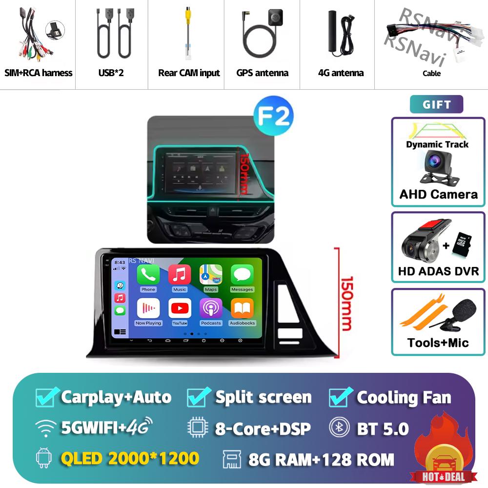 Android 14 Carplay Auto For Toyota C-HR 2016 - 2020 Car Radio Player Multimedia DVD stereo 360 Camera Navigation Video AI Voice