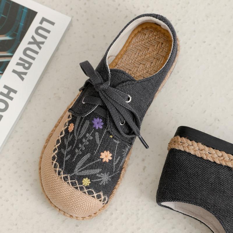 New Autumn Literary Linen Casual Shoes Women's K Exquisite Embroidered Lace-up Cotton and Linen Shoes