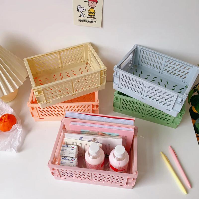 Caja plegable de plástico, caja de almacenamiento plegable, cesta, contenedor de cosméticos de utilidad, soporte de escritorio, uso doméstico, caja de almacenamiento de escritorio escolar