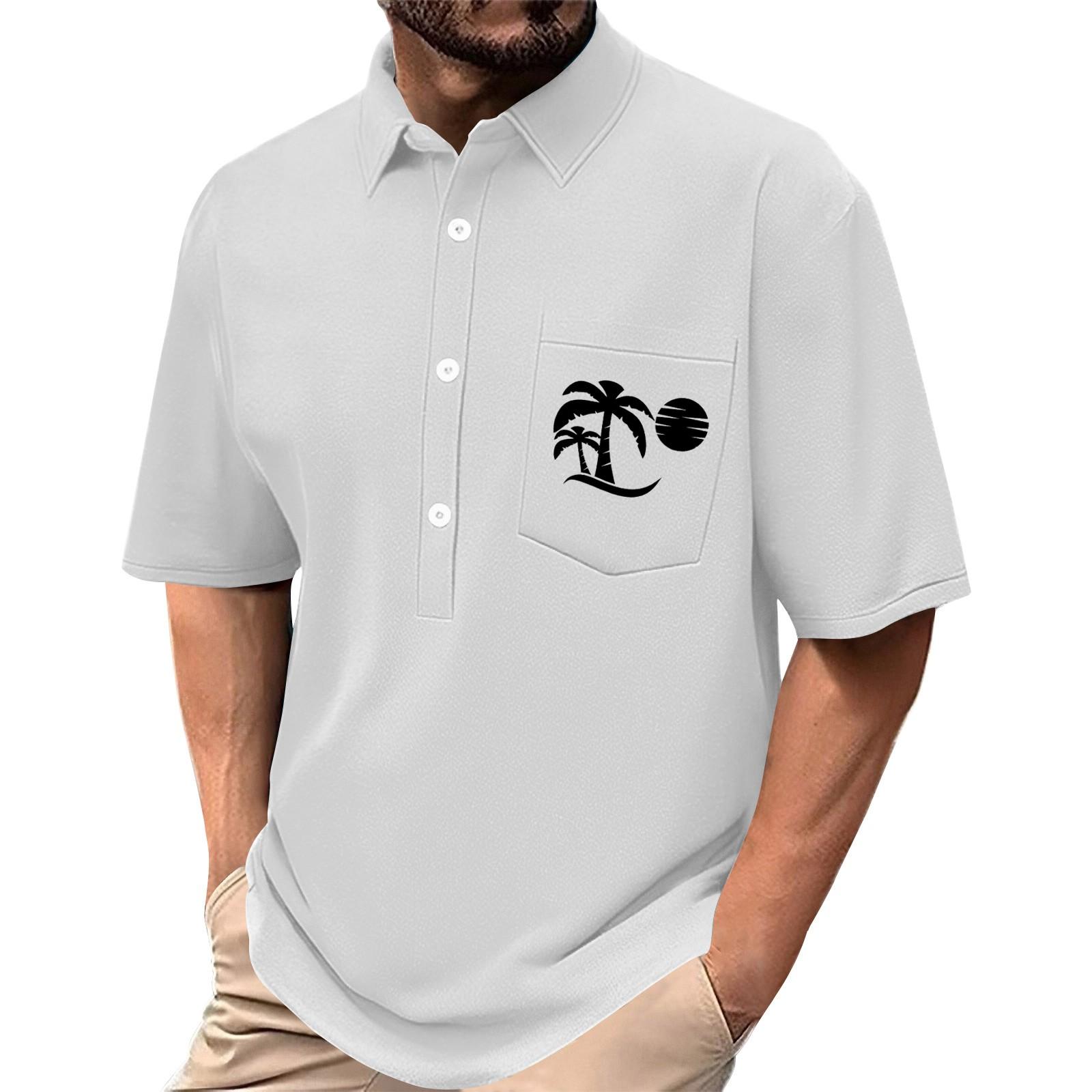 

Men s Summer Solid Color Print Four-sided Stretch Lapel Button Pocket Shirt Casual Sports Short-sleeved Top M білий