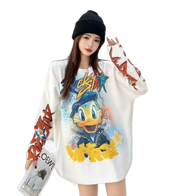European Trendy Cartoon Drill Embellished Loose Sweater - Autumn/Winter Women's Lazy Style Top