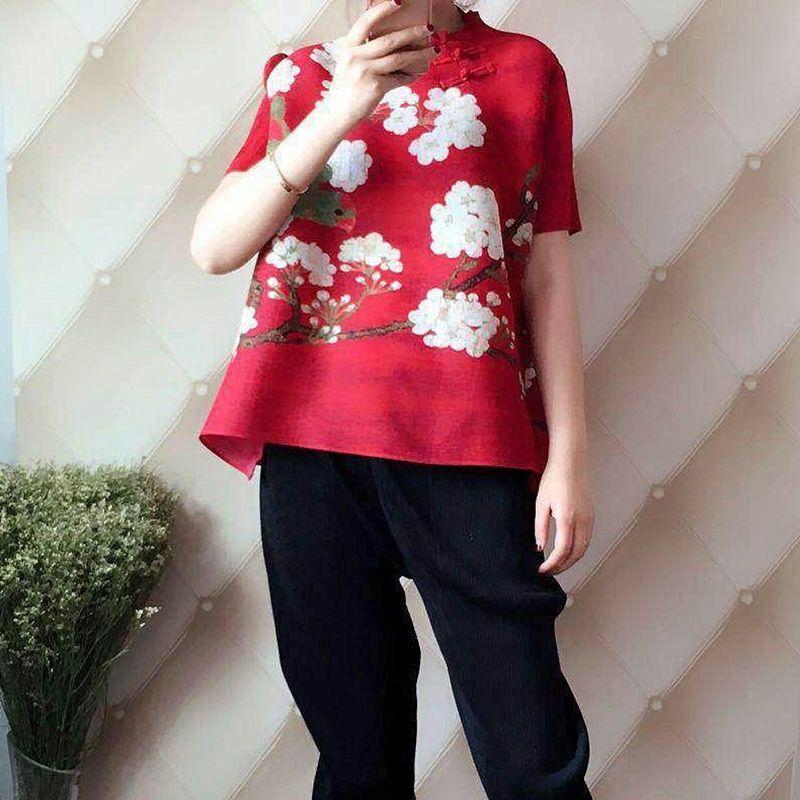 Kurzarm-Top-T-Shirt Damen 2022 Sommer neues gefaltetes Nationaldruck-loses Mode-dünnes und fleischbedeckendes T-Shirt