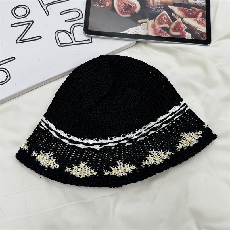 Jacquard Knit Fisherman Hat for Women, Spring Sun Protection, Wide Brim, Breathable, Versatile Bucket Hat, Summer Bucket Hat чёрный