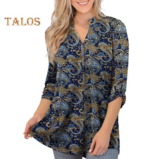 Women Shirt V-neck 3/4 Roll-Up Sleeves Lightweight Tops Flower Print Flowy Hem Tunic Tops Daily Wear