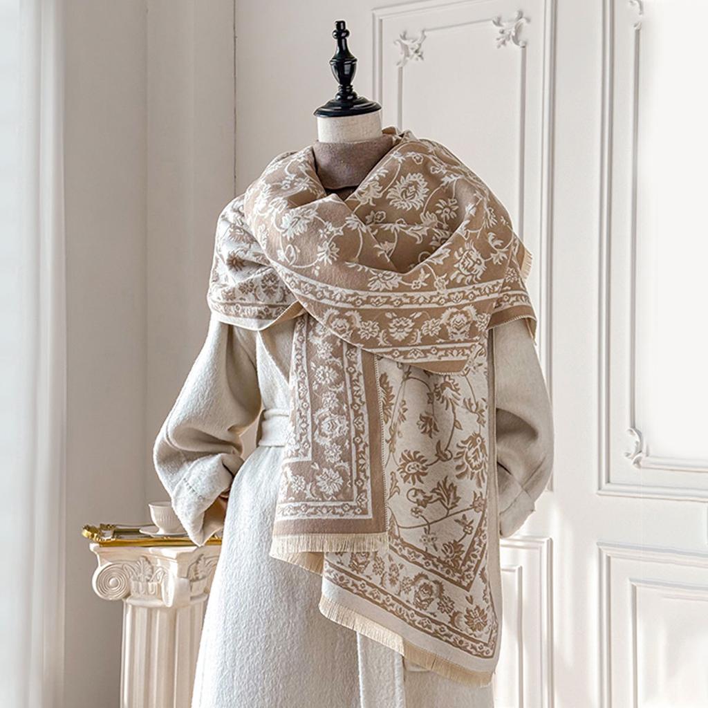 Scarf Female Winter Fringed Shawl Fairy Wind Flower Versatile Cashmere Thickened Warm and Cold Scarf Dual-purpose