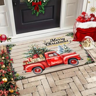 Red Truck Merry Christmas Doormat Festive Decorative Rug Indoor/Outdoor Entrance Mat Non-Slip, Stain-Resistant Home Decor